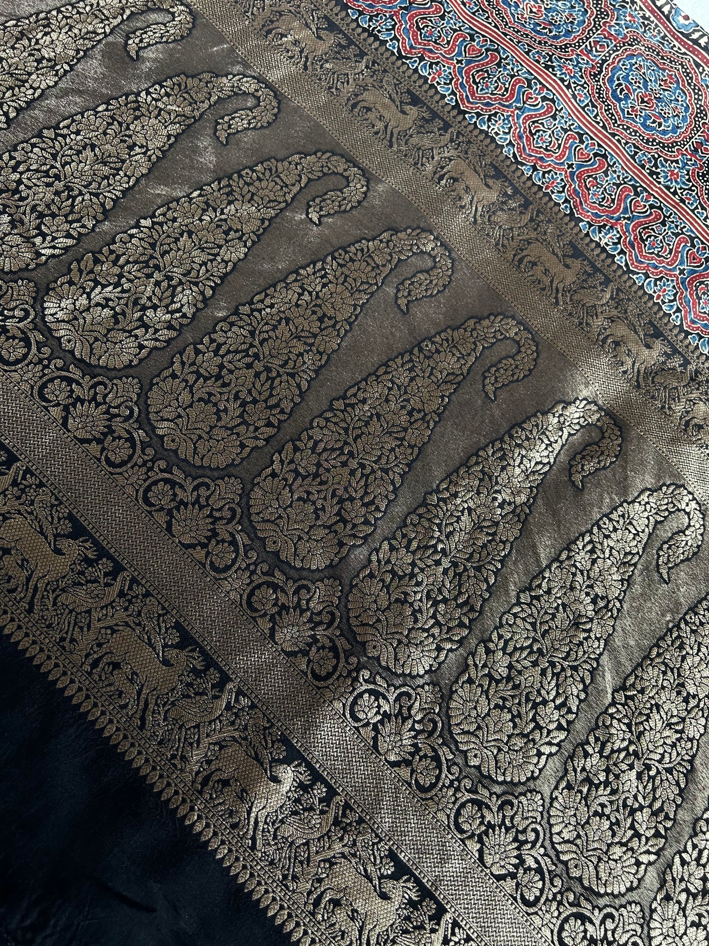TANISHA: Handblock Ajrakh Dola Silk Saree with Meenakari Pallu
