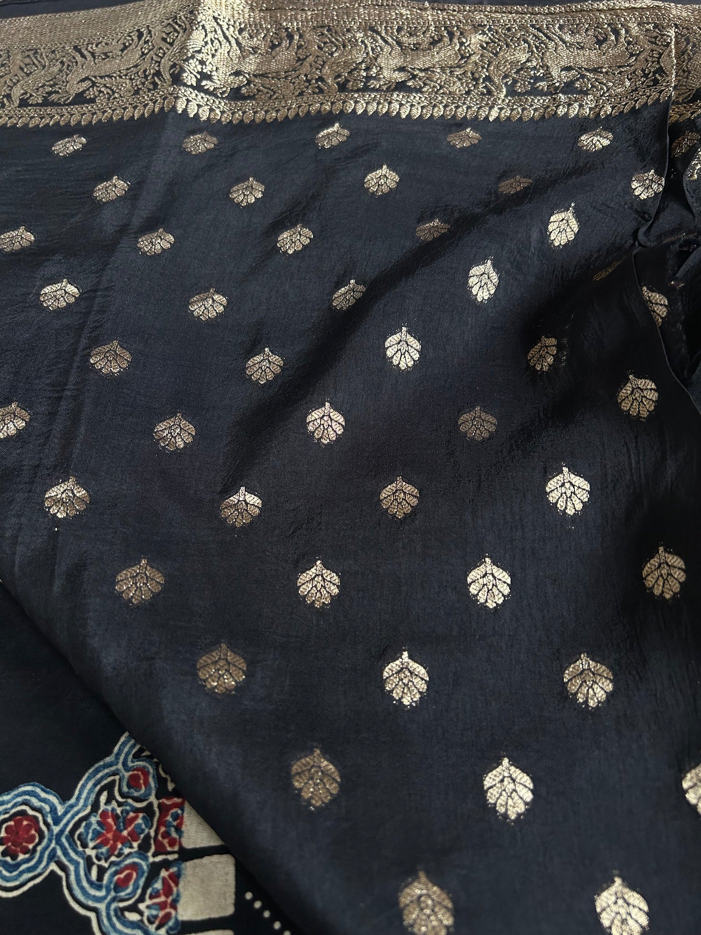 TANISHA: Handblock Ajrakh Dola Silk Saree with Meenakari Pallu