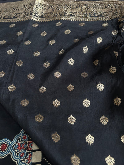 TANISHA: Handblock Ajrakh Dola Silk Saree with Meenakari Pallu