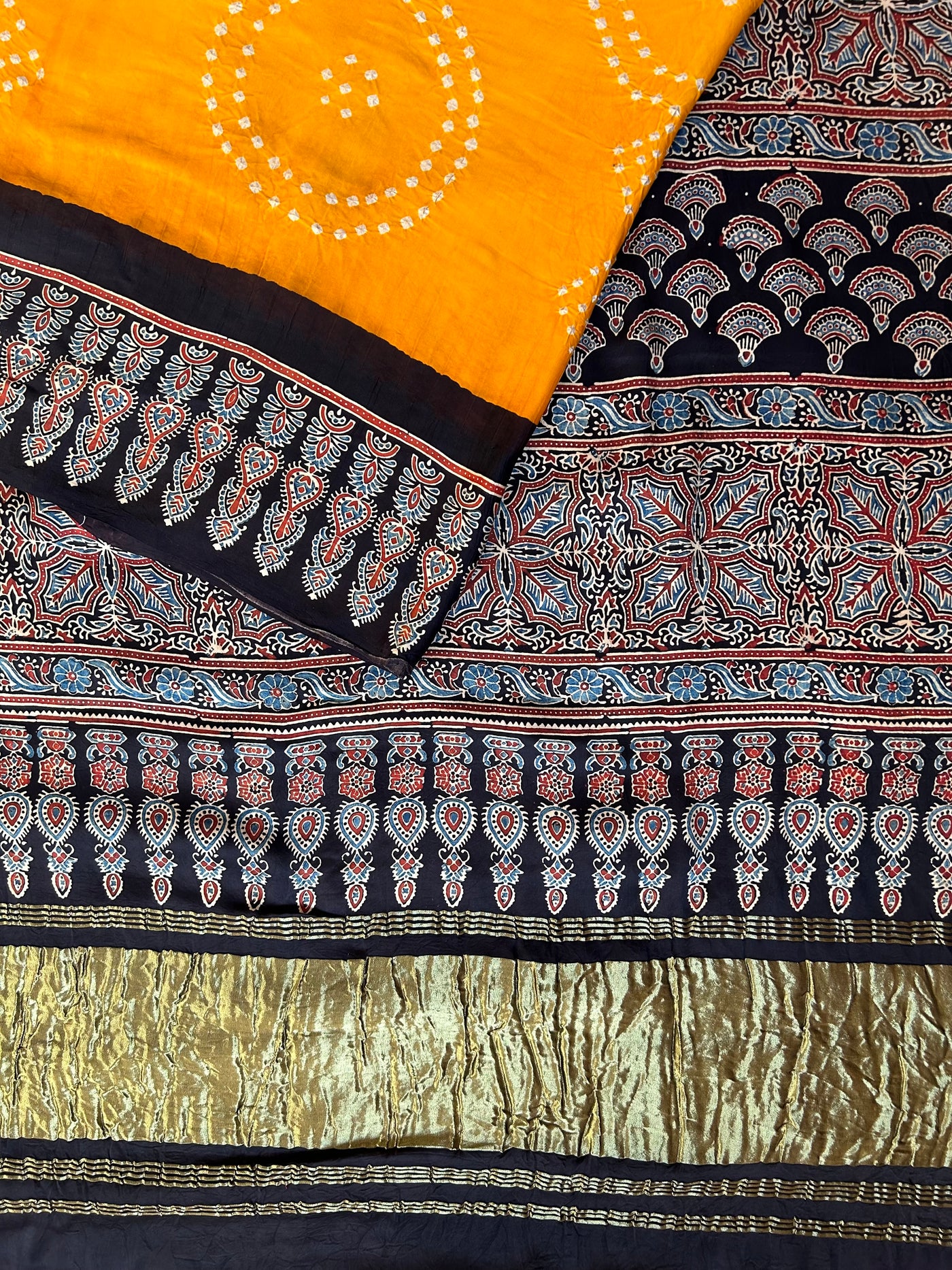 KAJAL: HANDMADE BANDHANI AJRAKH MODAL SILK SAREE WITH TISSUE PALLU