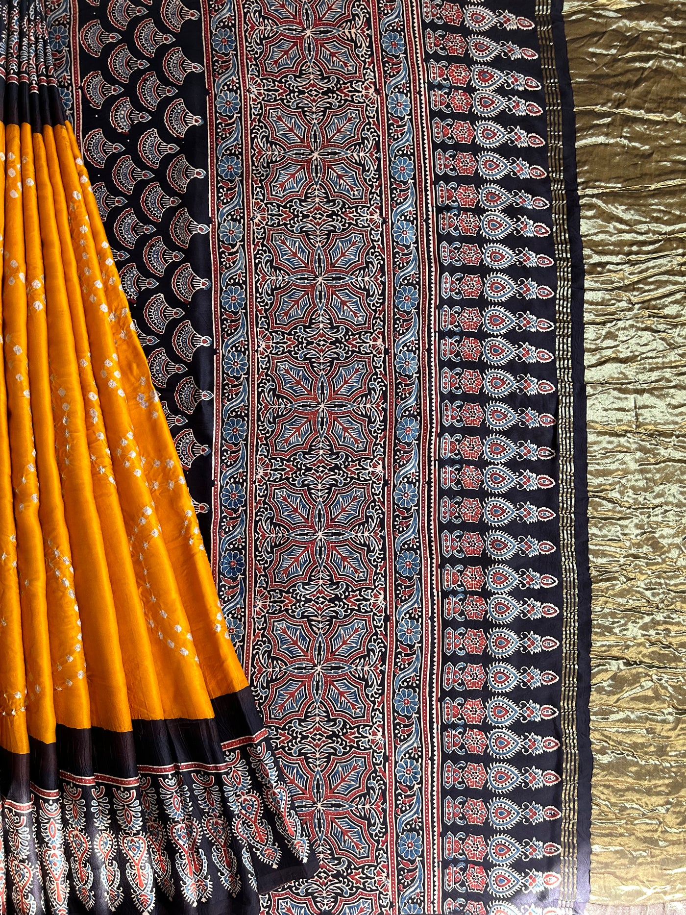 KAJAL: HANDMADE BANDHANI AJRAKH MODAL SILK SAREE WITH TISSUE PALLU