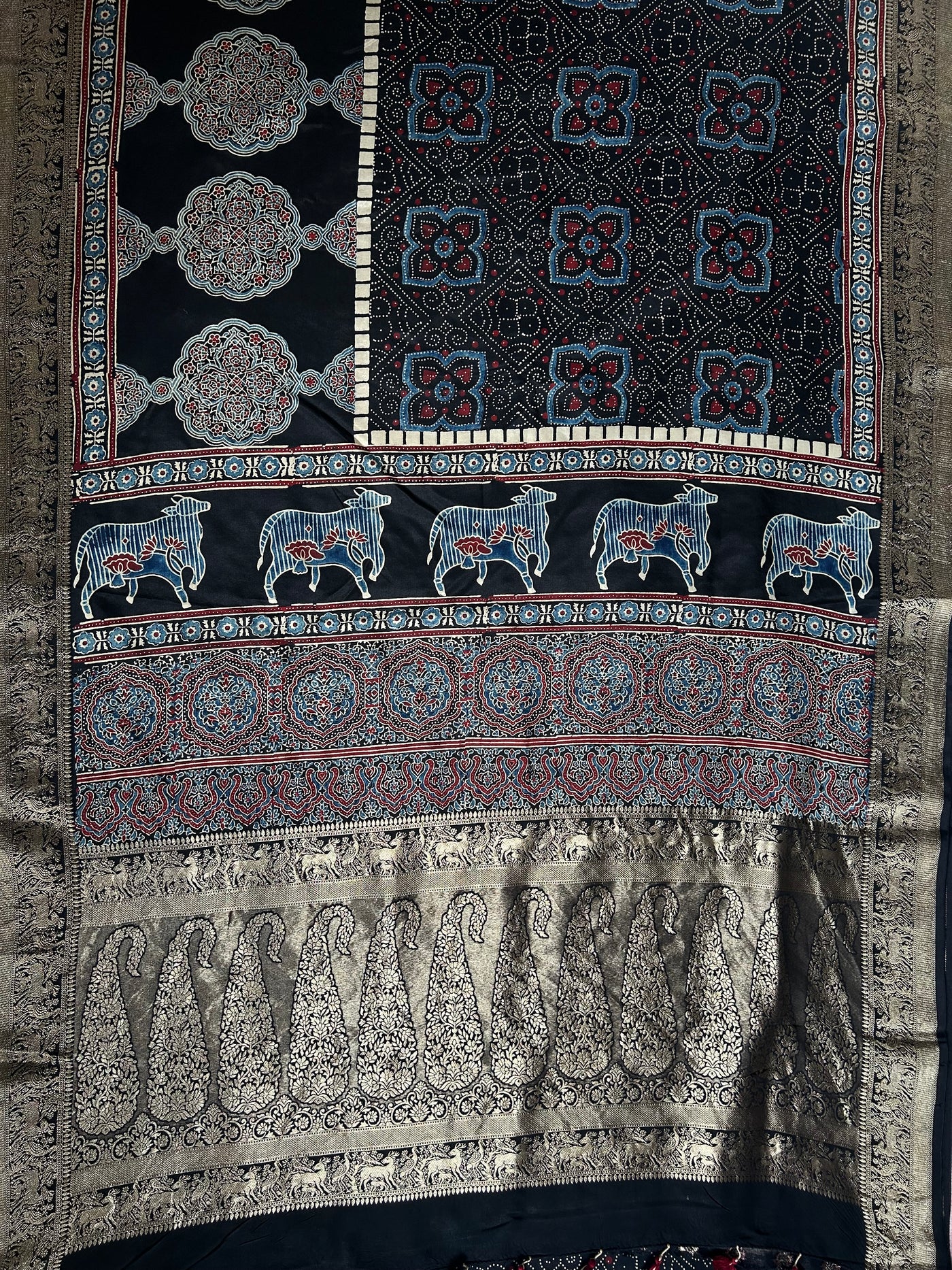 TANISHA: Handblock Ajrakh Dola Silk Saree with Meenakari Pallu