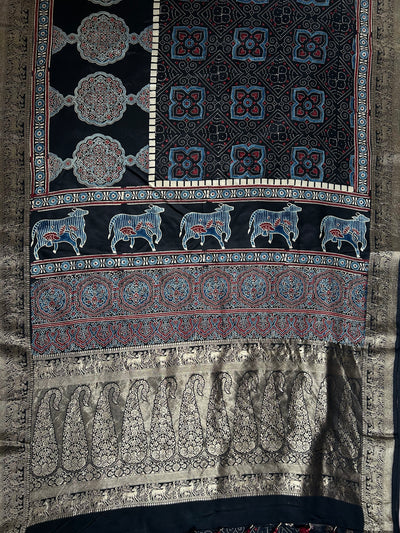 TANISHA: Handblock Ajrakh Dola Silk Saree with Meenakari Pallu