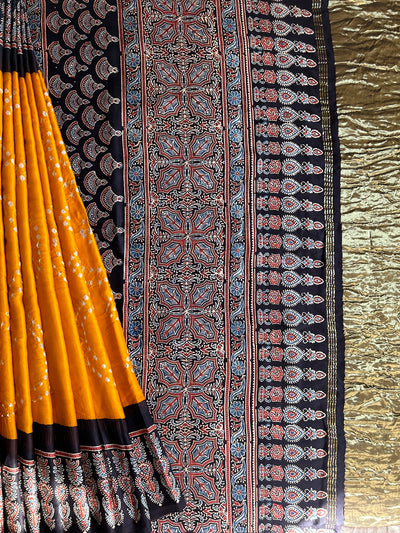 KAJAL: HANDMADE BANDHANI AJRAKH MODAL SILK SAREE WITH TISSUE PALLU