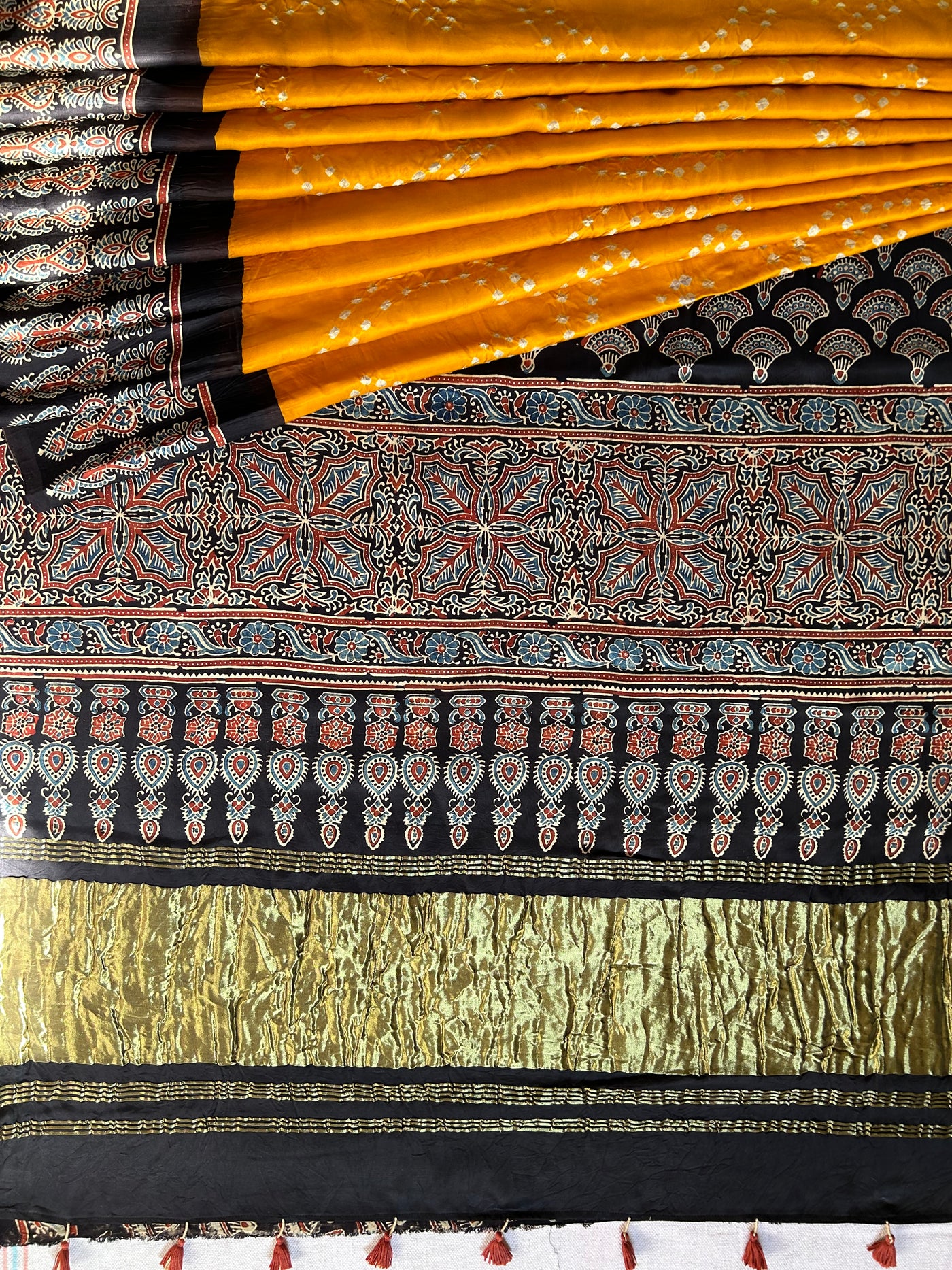 KAJAL: HANDMADE BANDHANI AJRAKH MODAL SILK SAREE WITH TISSUE PALLU
