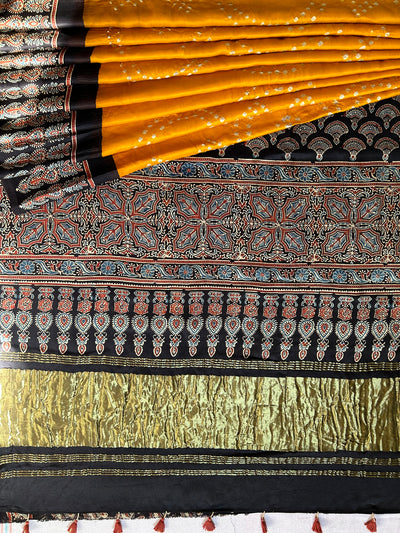 KAJAL: HANDMADE BANDHANI AJRAKH MODAL SILK SAREE WITH TISSUE PALLU