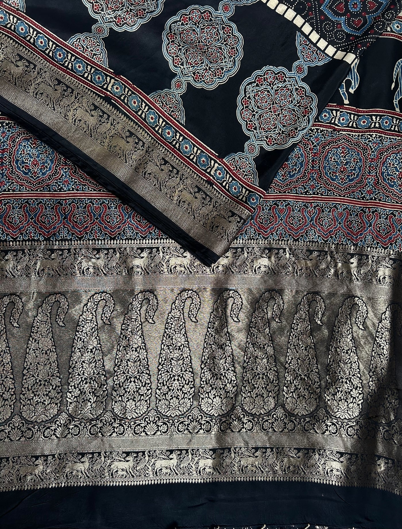 TANISHA: Handblock Ajrakh Dola Silk Saree with Meenakari Pallu