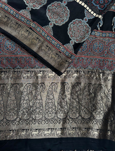 TANISHA: Handblock Ajrakh Dola Silk Saree with Meenakari Pallu