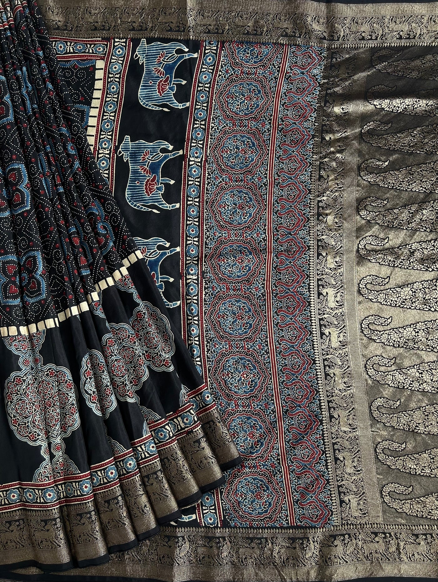 TANISHA: Handblock Ajrakh Dola Silk Saree with Meenakari Pallu