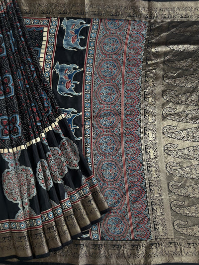 TANISHA: Handblock Ajrakh Dola Silk Saree with Meenakari Pallu