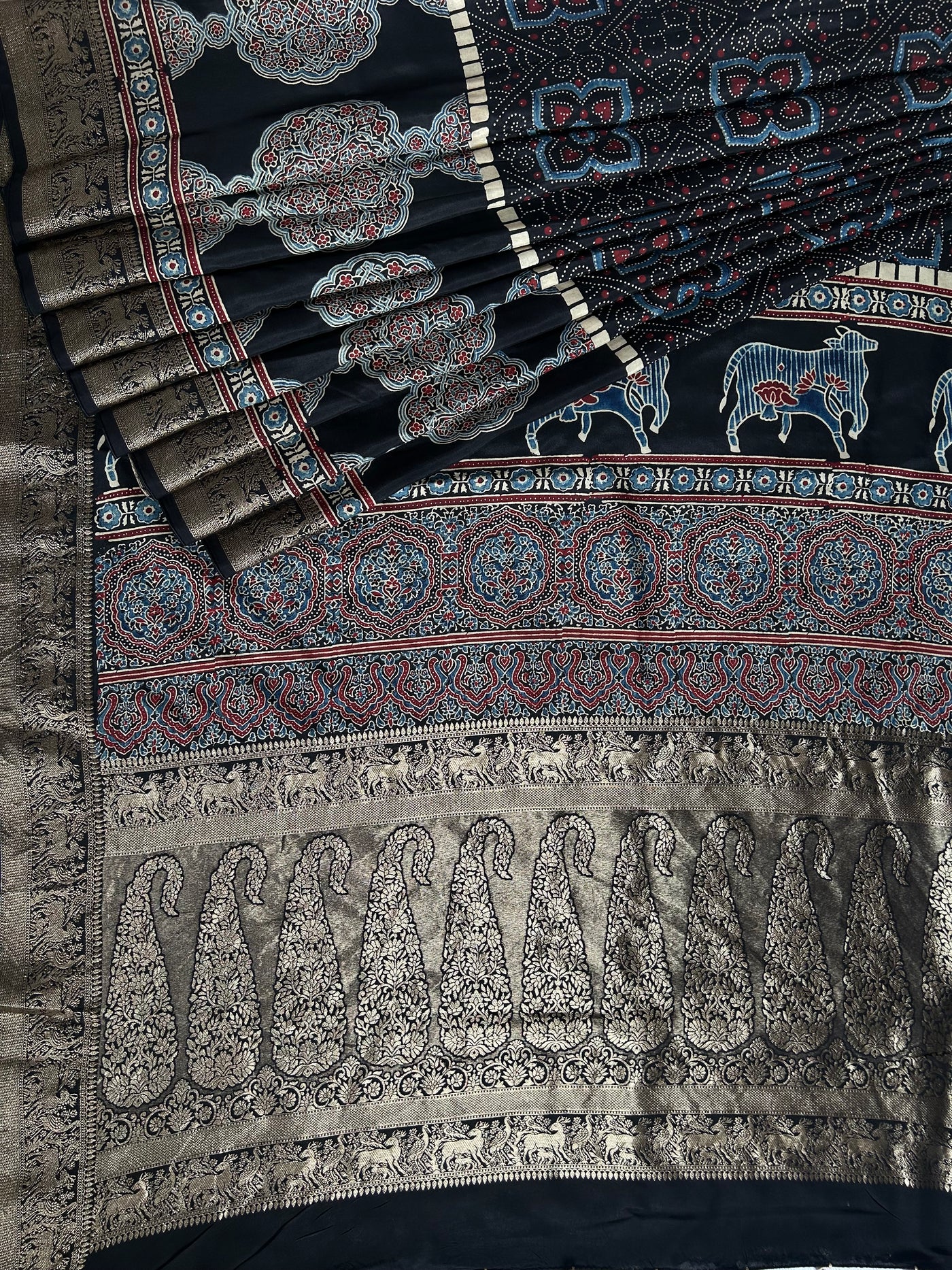 TANISHA: Handblock Ajrakh Dola Silk Saree with Meenakari Pallu