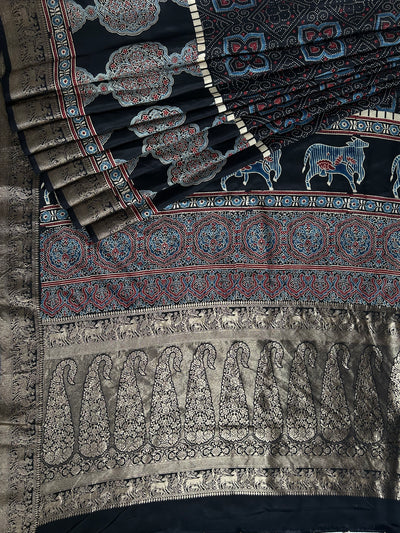 TANISHA: Handblock Ajrakh Dola Silk Saree with Meenakari Pallu