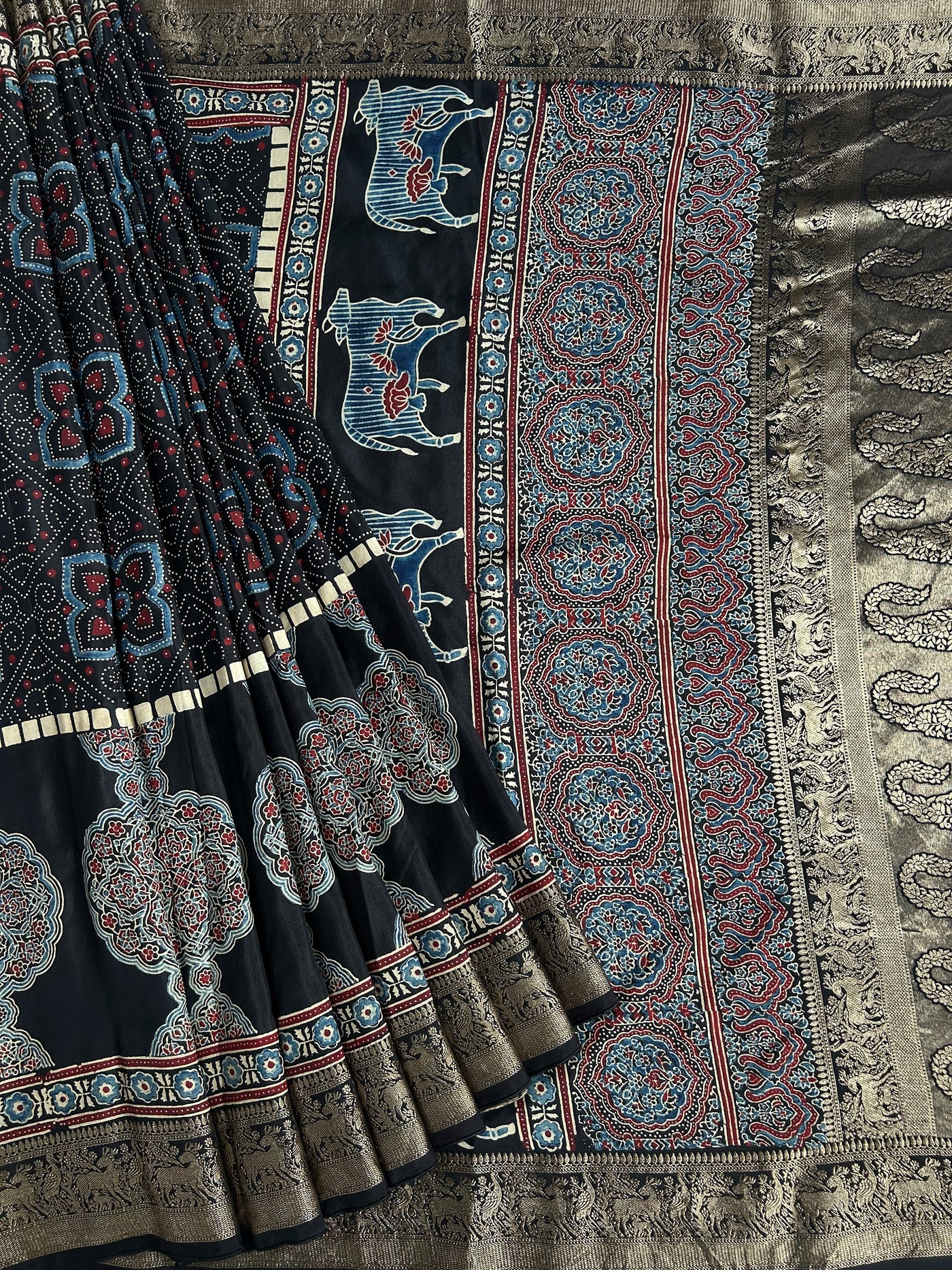 TANISHA: Handblock Ajrakh Dola Silk Saree with Meenakari Pallu
