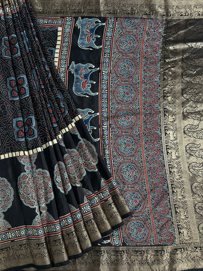 TANISHA: Handblock Ajrakh Dola Silk Saree with Meenakari Pallu