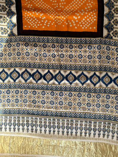 KAJARI: HANDMADE BANDHANI AJRAKH MODAL SILK SAREE WITH TISSUE PALLU