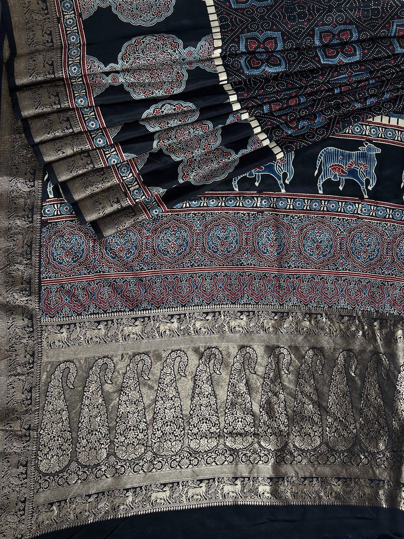 TANISHA: Handblock Ajrakh Dola Silk Saree with Meenakari Pallu