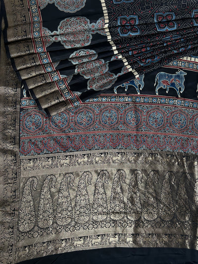 TANISHA: Handblock Ajrakh Dola Silk Saree with Meenakari Pallu