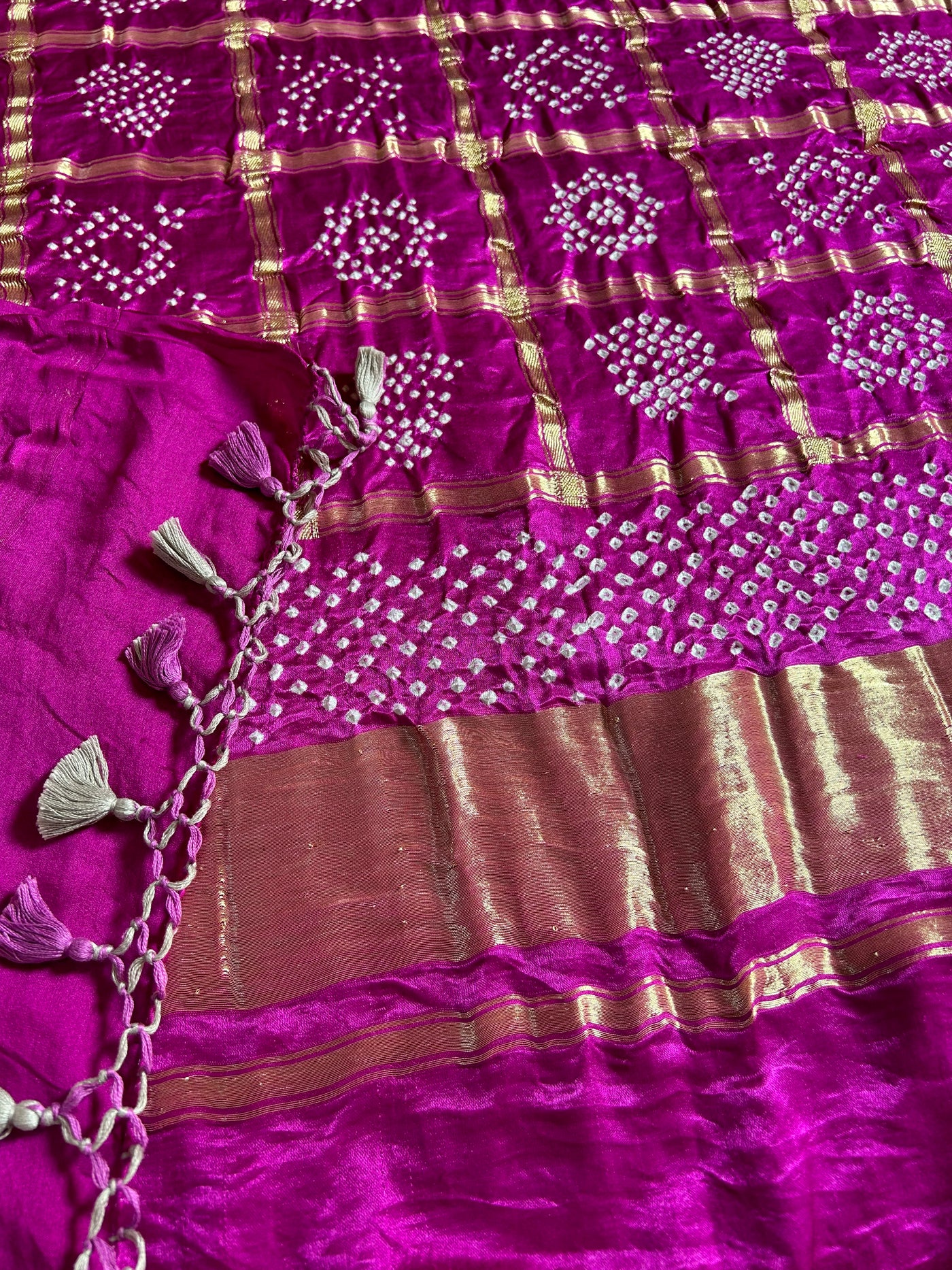 NANDINI: Pure Gajji Silk Rai dana designer Bandhani Gharchola Saree.