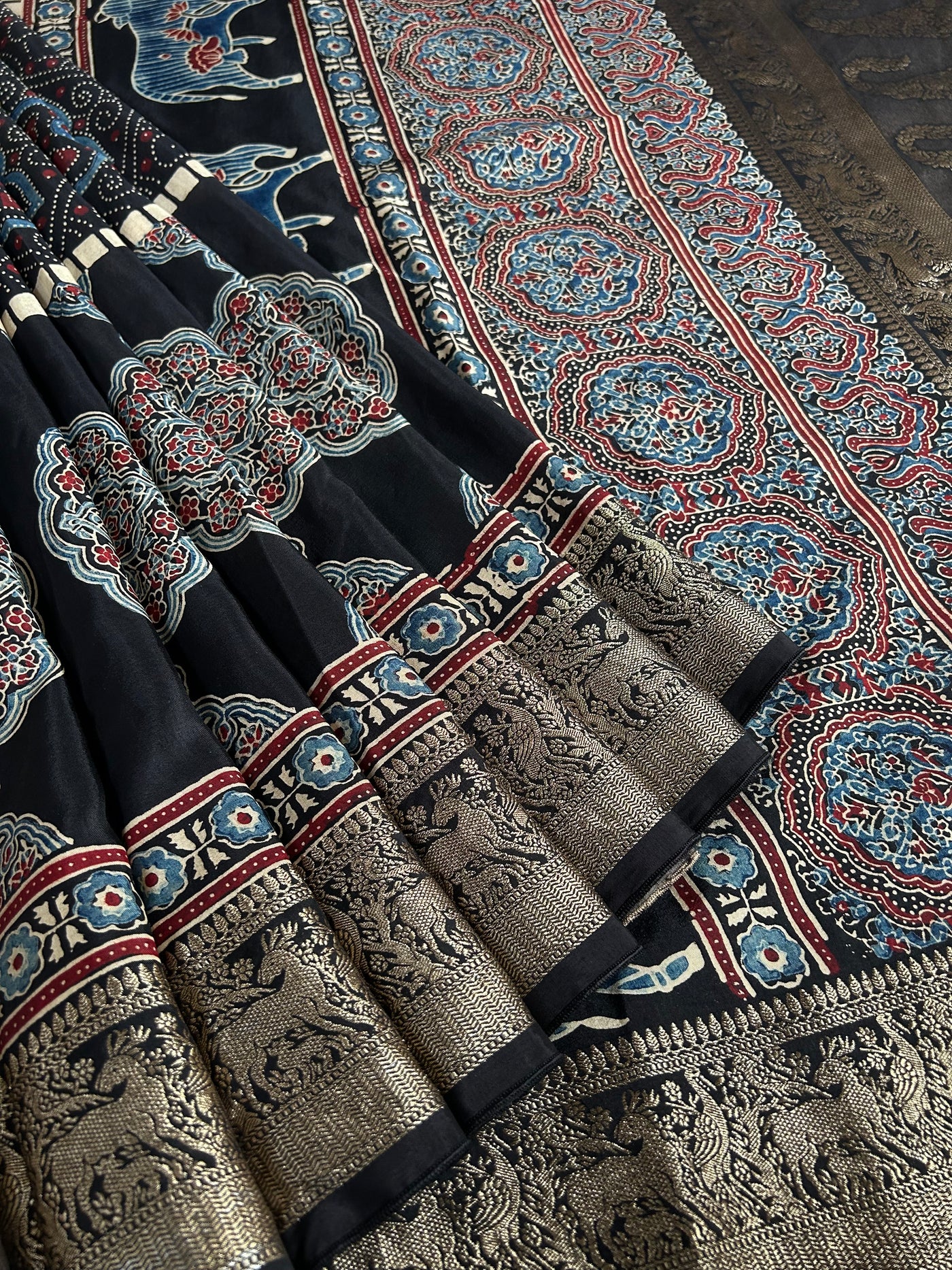 TANISHA: Handblock Ajrakh Dola Silk Saree with Meenakari Pallu