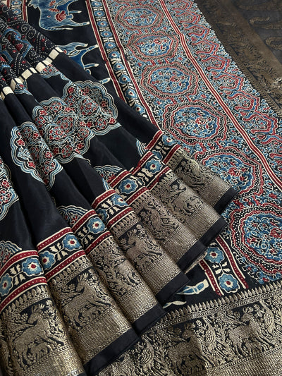 TANISHA: Handblock Ajrakh Dola Silk Saree with Meenakari Pallu