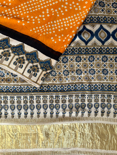 KAJARI: HANDMADE BANDHANI AJRAKH MODAL SILK SAREE WITH TISSUE PALLU