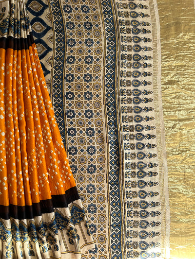 KAJARI: HANDMADE BANDHANI AJRAKH MODAL SILK SAREE WITH TISSUE PALLU