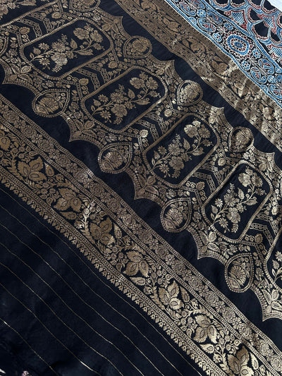 NIHARIKA: Handblock Ajrakh Dola Silk Saree with Meenakari Pallu