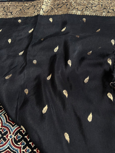 NIHARIKA: Handblock Ajrakh Dola Silk Saree with Meenakari Pallu