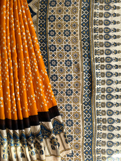 KAJARI: HANDMADE BANDHANI AJRAKH MODAL SILK SAREE WITH TISSUE PALLU