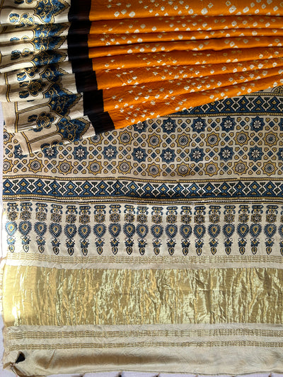 KAJARI: HANDMADE BANDHANI AJRAKH MODAL SILK SAREE WITH TISSUE PALLU
