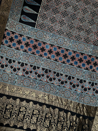 NIHARIKA: Handblock Ajrakh Dola Silk Saree with Meenakari Pallu