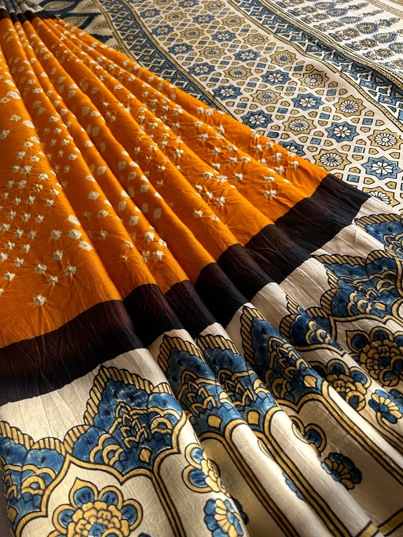 KAJARI: HANDMADE BANDHANI AJRAKH MODAL SILK SAREE WITH TISSUE PALLU