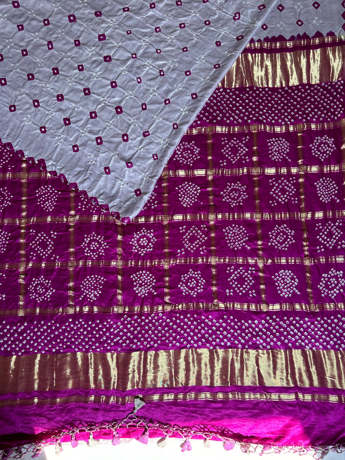 NANDINI: Pure Gajji Silk Rai dana designer Bandhani Gharchola Saree.