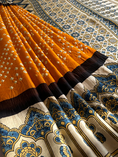 KAJARI: HANDMADE BANDHANI AJRAKH MODAL SILK SAREE WITH TISSUE PALLU