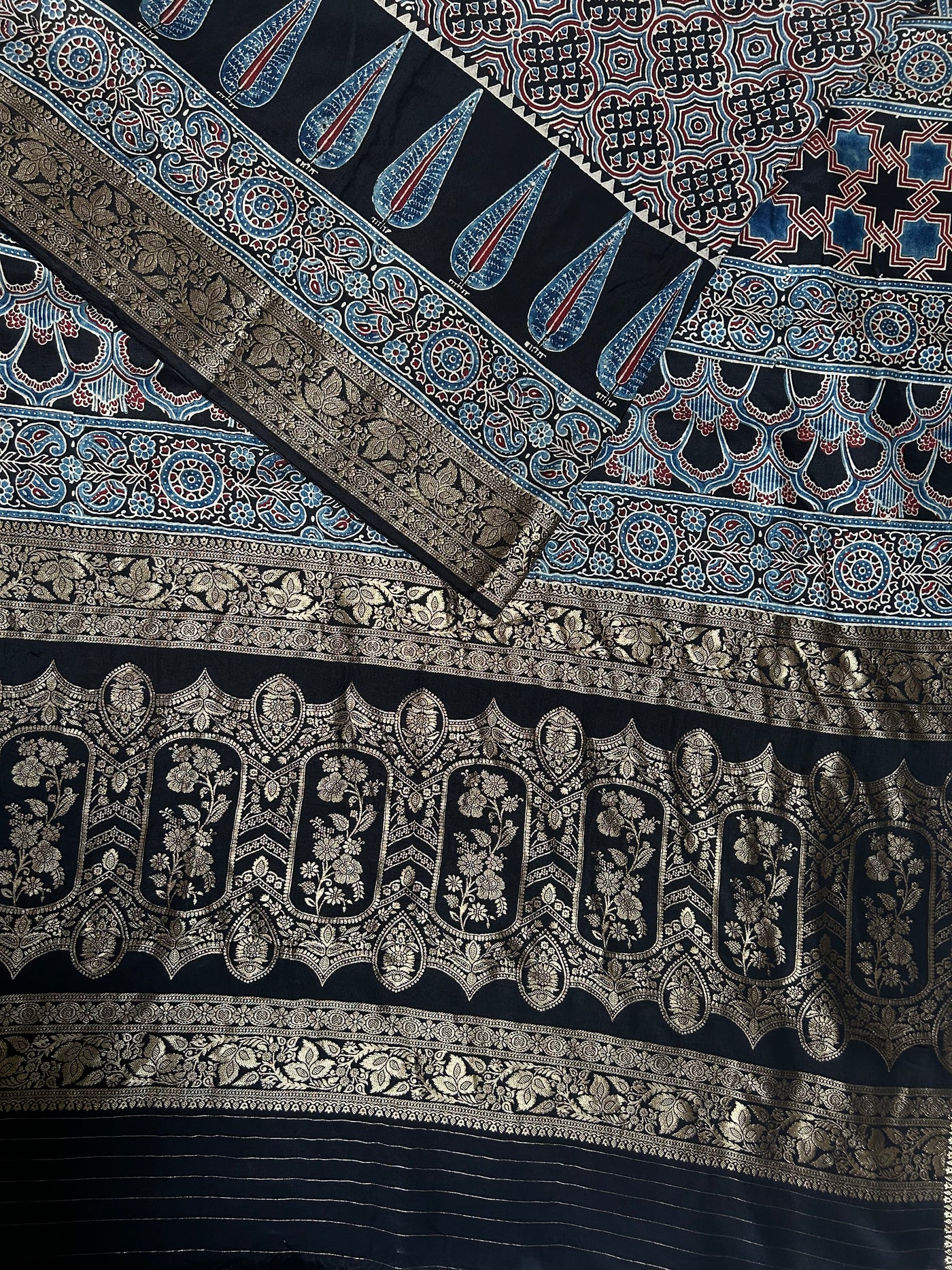 NIHARIKA: Handblock Ajrakh Dola Silk Saree with Meenakari Pallu