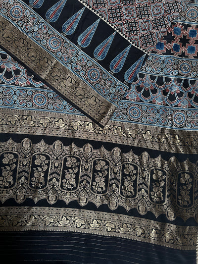 NIHARIKA: Handblock Ajrakh Dola Silk Saree with Meenakari Pallu