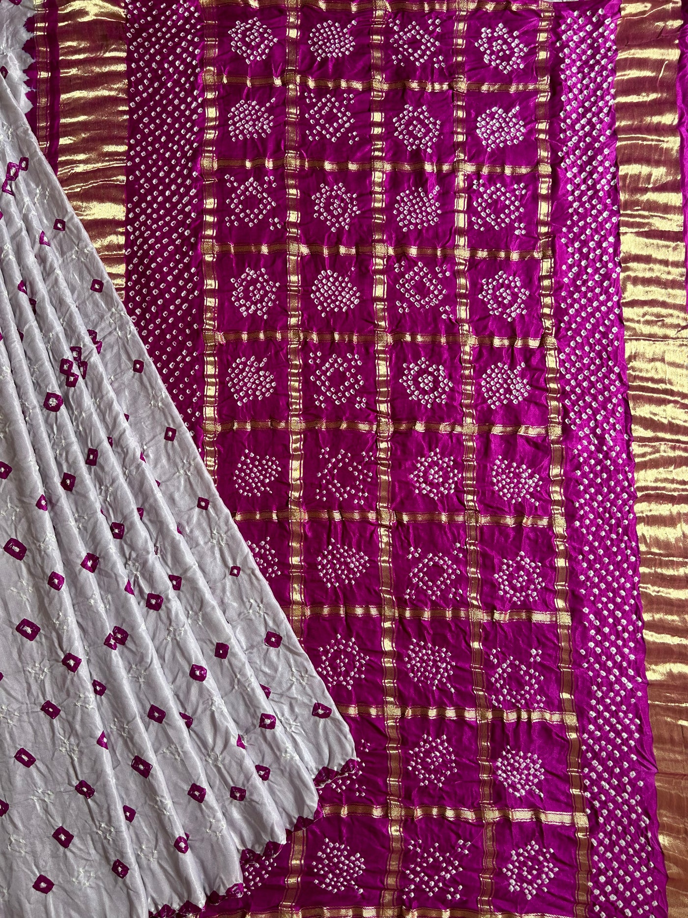 NANDINI: Pure Gajji Silk Rai dana designer Bandhani Gharchola Saree.