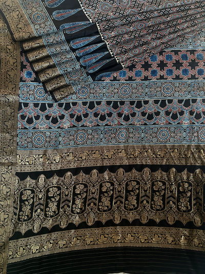 NIHARIKA: Handblock Ajrakh Dola Silk Saree with Meenakari Pallu