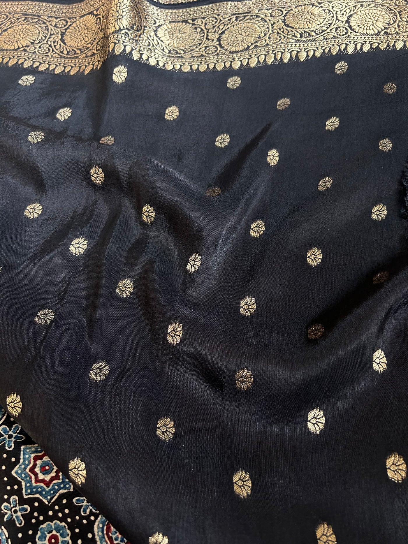 OJASWINI: Handblock Ajrakh Dola Silk Saree with Meenakari Pallu