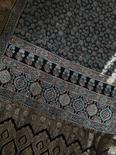 OJASWINI: Handblock Ajrakh Dola Silk Saree with Meenakari Pallu