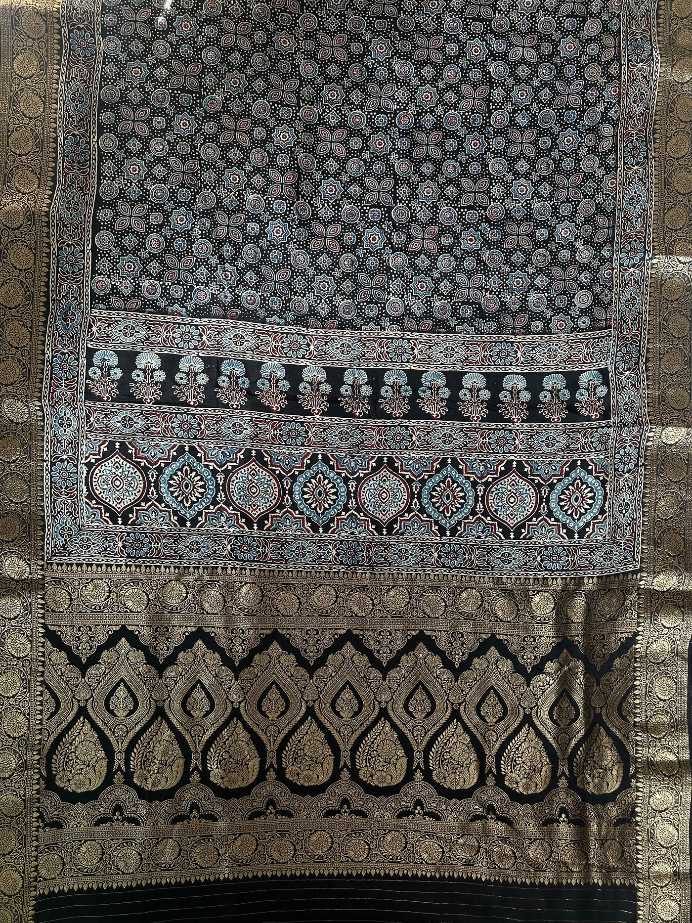 OJASWINI: Handblock Ajrakh Dola Silk Saree with Meenakari Pallu