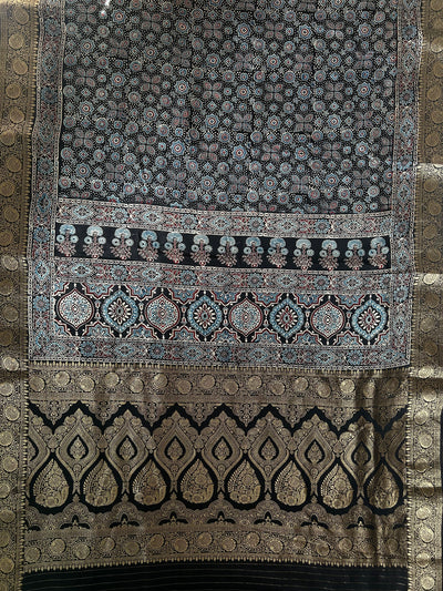 OJASWINI: Handblock Ajrakh Dola Silk Saree with Meenakari Pallu