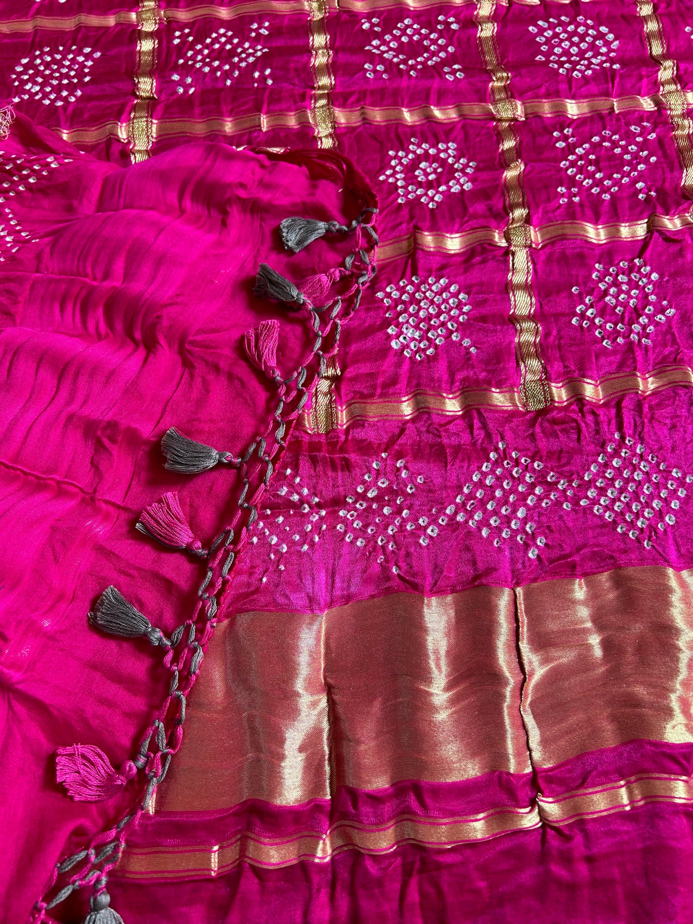 MEHAK: Pure Gajji Silk Rai dana designer Bandhani Gharchola Saree.