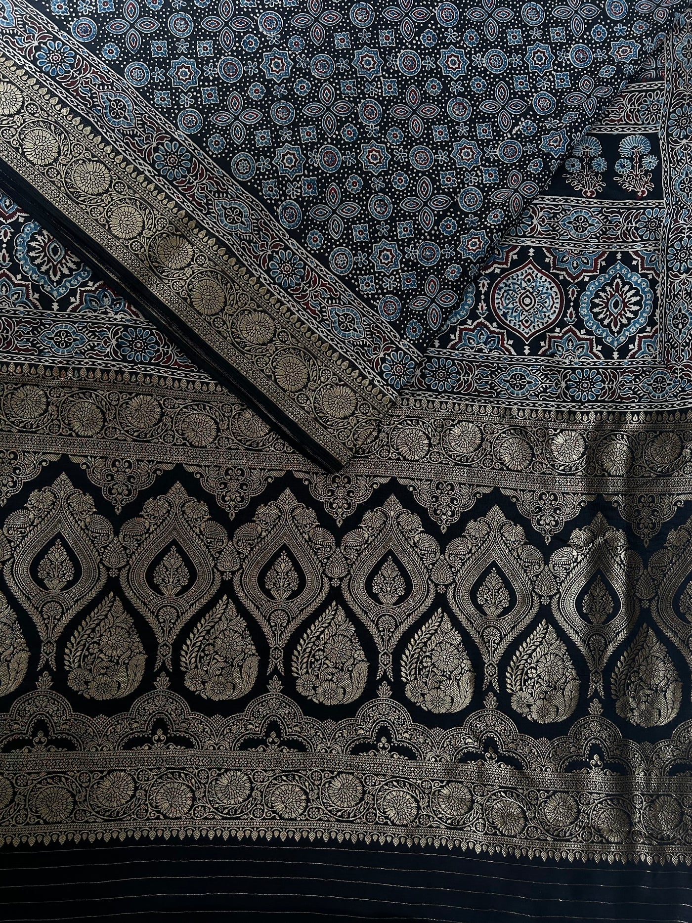OJASWINI: Handblock Ajrakh Dola Silk Saree with Meenakari Pallu