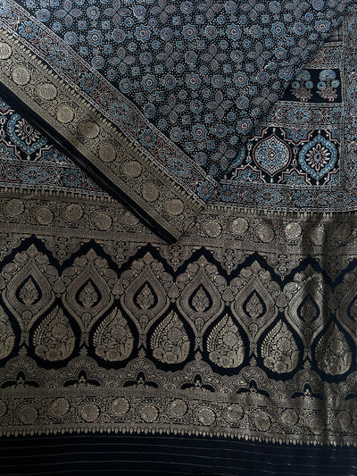 OJASWINI: Handblock Ajrakh Dola Silk Saree with Meenakari Pallu
