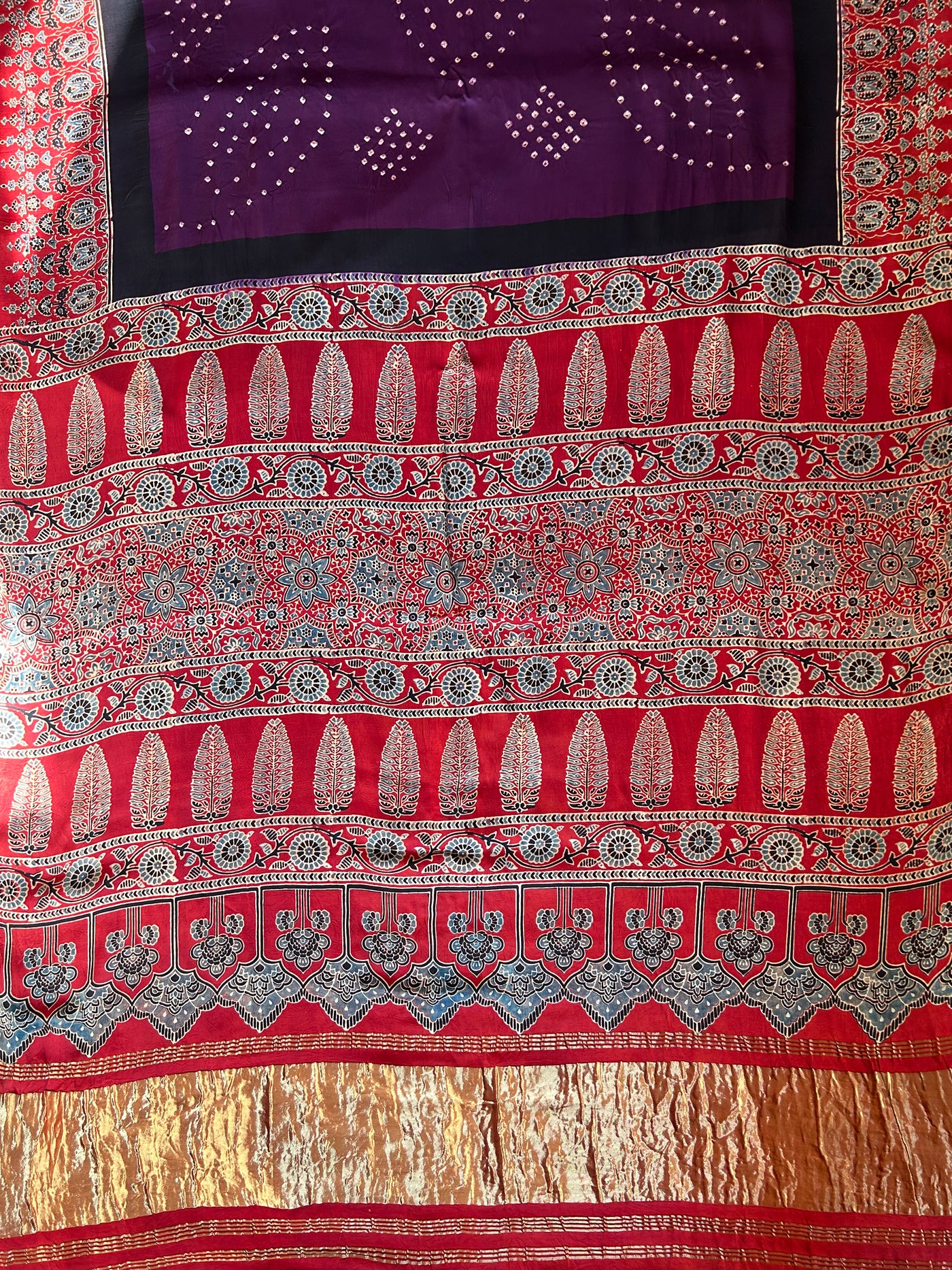 KALINDI: HANDMADE BANDHANI AJRAKH MODAL SILK SAREE WITH TISSUE PALLU