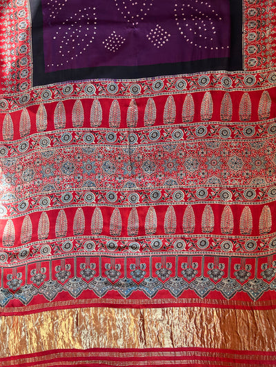 KALINDI: HANDMADE BANDHANI AJRAKH MODAL SILK SAREE WITH TISSUE PALLU