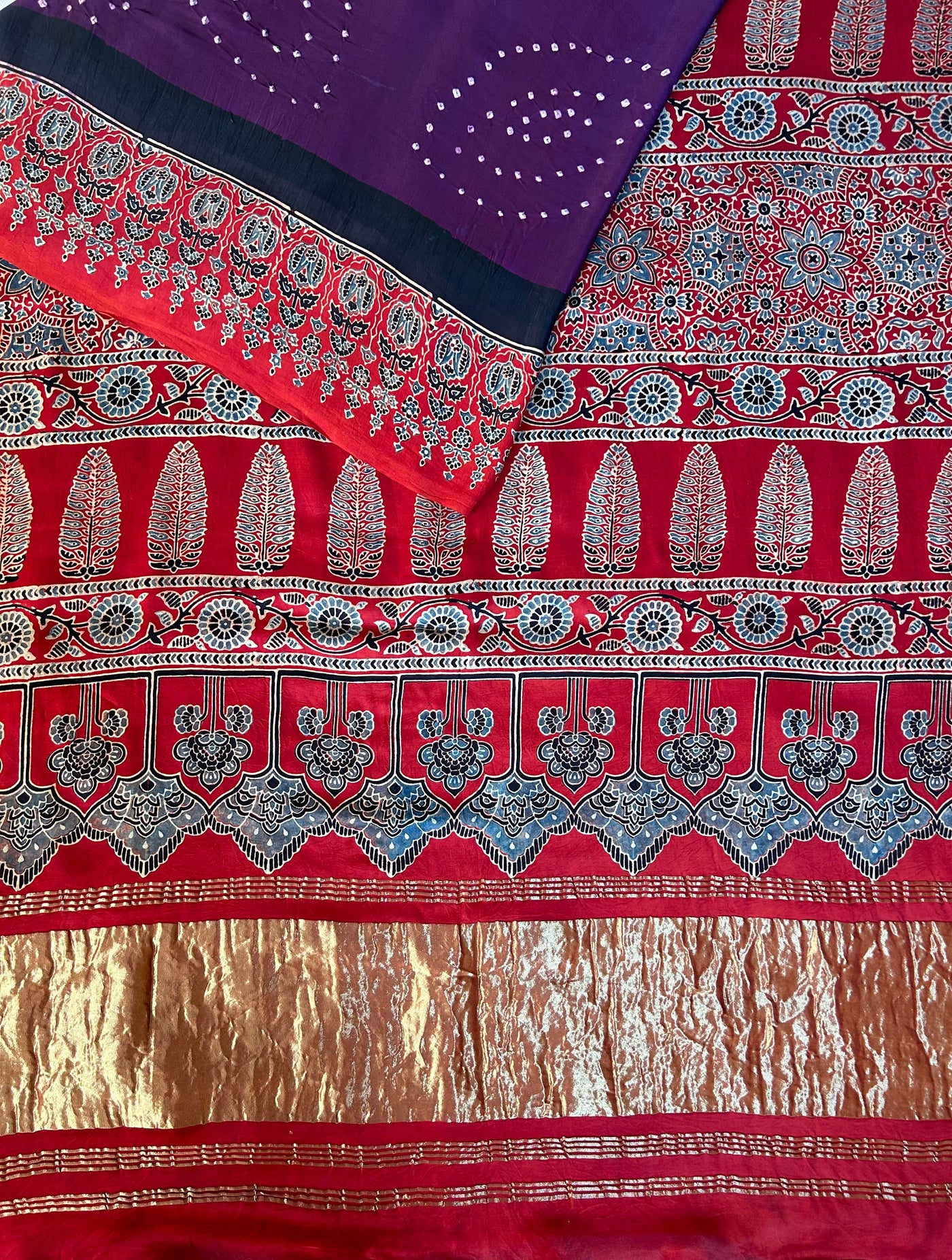 KALINDI: HANDMADE BANDHANI AJRAKH MODAL SILK SAREE WITH TISSUE PALLU