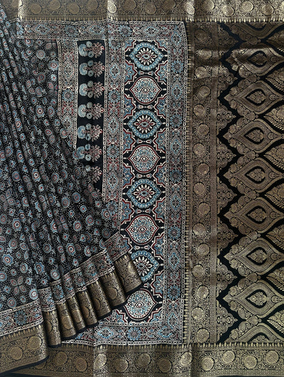 OJASWINI: Handblock Ajrakh Dola Silk Saree with Meenakari Pallu