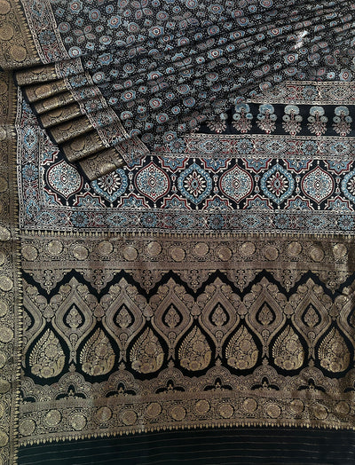 OJASWINI: Handblock Ajrakh Dola Silk Saree with Meenakari Pallu